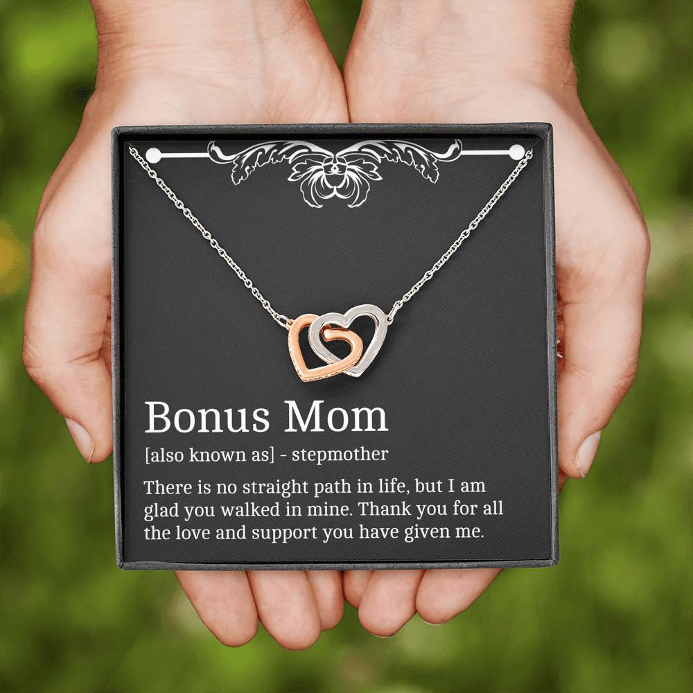 To My Bonus Mom Gifts, Thank You For All The Love, Interlocking Heart Necklace For Women, Birthday Mothers Day Present From Bonus Daughter