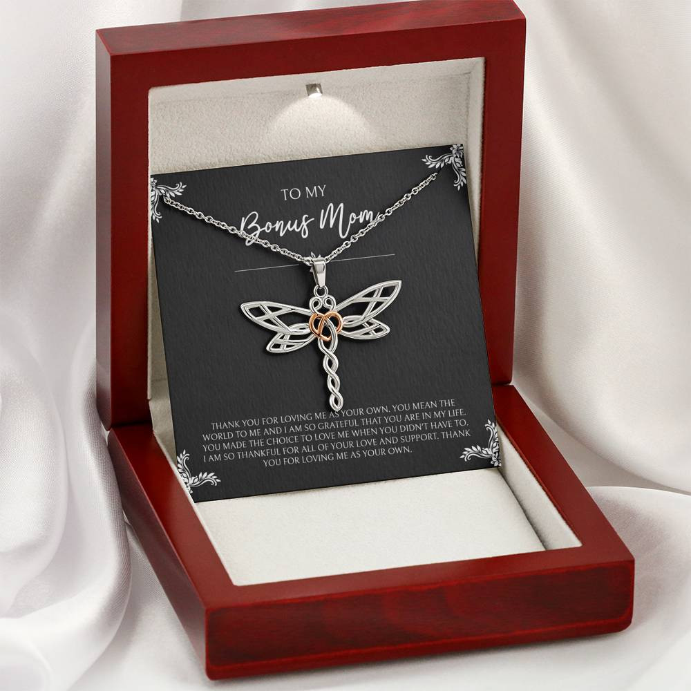 To My Bonus Mom Gifts, You Mean The World To Me , Dragonfly Necklace For Women, Birthday Mothers Day Present From Bonus Daughter