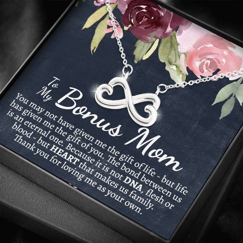 To My Bonus Mom ‘Heart & DNA Edition’ Infinity Hearts Necklace Gift from Step Daughter, Step Mother Gifts, Necklace for Step Mother