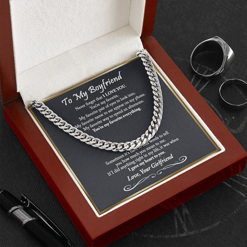 To My Boyfriend Cuban Chain Necklace, Romantic Gift for Boyfriend – I gave my heart to you – Unique Anniversary Gift for Boyfriend, Boyfriend Birthday