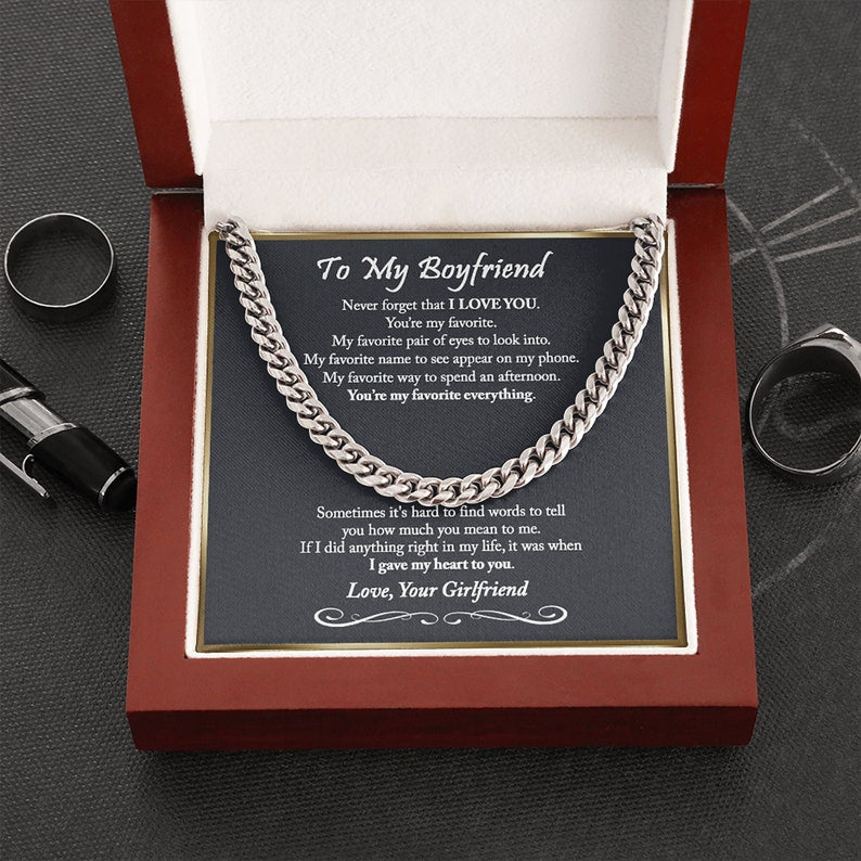 To My Boyfriend Cuban Link Chain Necklace, Never Forget That I Love You Romantic Gift for Boyfriend, Unique Anniversary Gift for Boyfriend