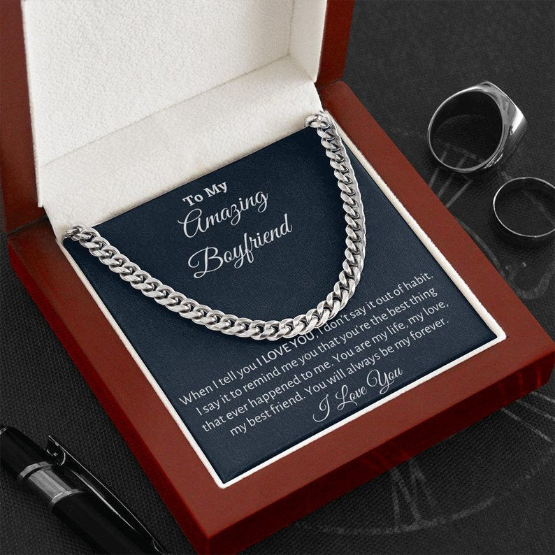 To My Boyfriend Cuban Link Chain Necklace, You will always be my forever – Boyfriend Birthday or Anniversary Gift, Christmas Gift From Girlfriend, Gift For Him