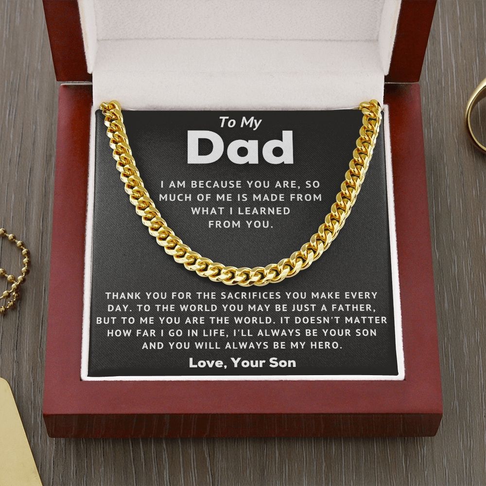To My Dad Cuban Link Chain Necklace – You will always be My Hero – Fathers Day, Birthday, Christmas Gift for Dad Daddy From Son