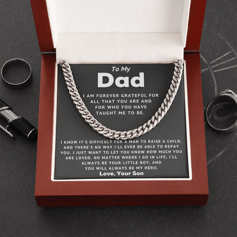 To My Dad Cuban Link Chain Necklace – You will always be My Hero – Fathers Day, Birthday, Christmas Gift for Dad Daddy From Son