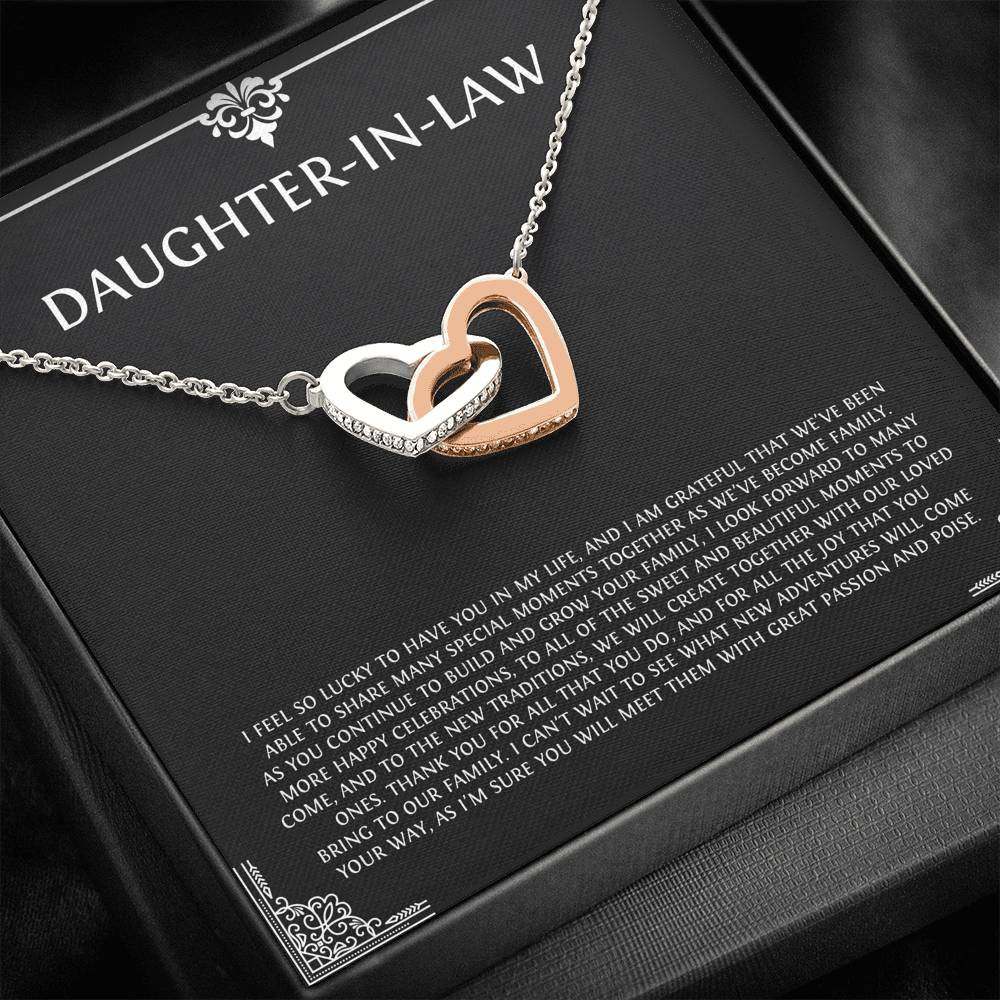 To My Daughter-in-law Gifts, I’m Lucky To Have You, Interlocking Heart Necklace For Women, Birthday Present Idea From Mother-in-law