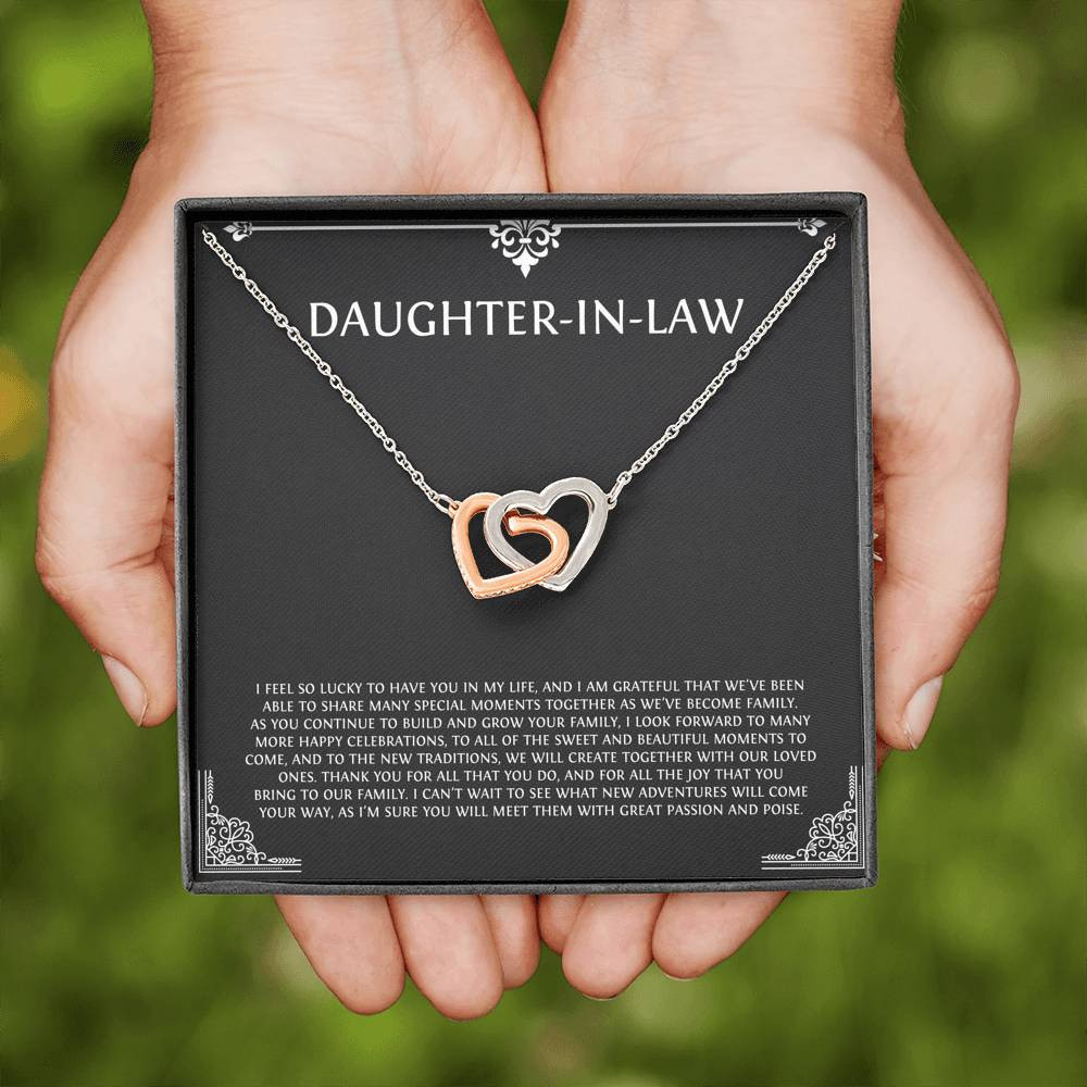 To My Daughter-in-law Gifts, I’m Lucky To Have You, Interlocking Heart Necklace For Women, Birthday Present Idea From Mother-in-law