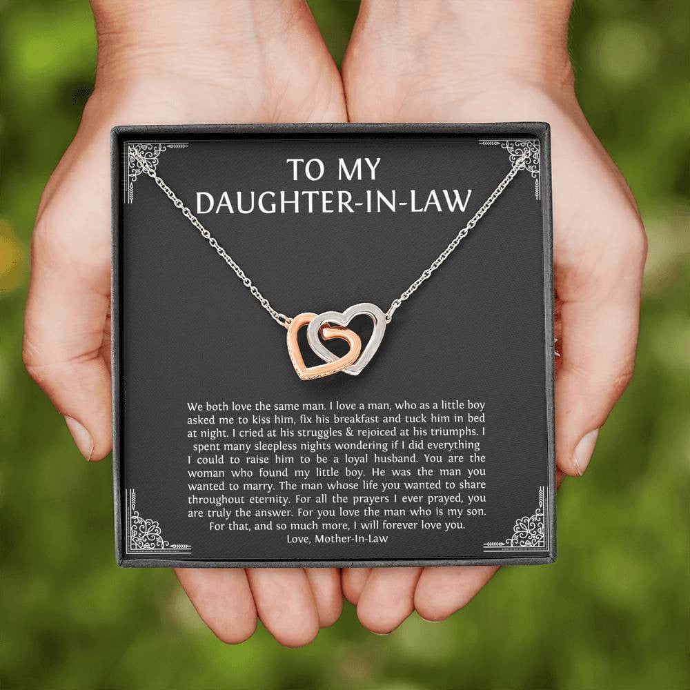 To My Daughter in Law Gifts, I Will Forever Love You, Interlocking Heart Necklace For Women, Birthday Present Idea From Mother-in-law
