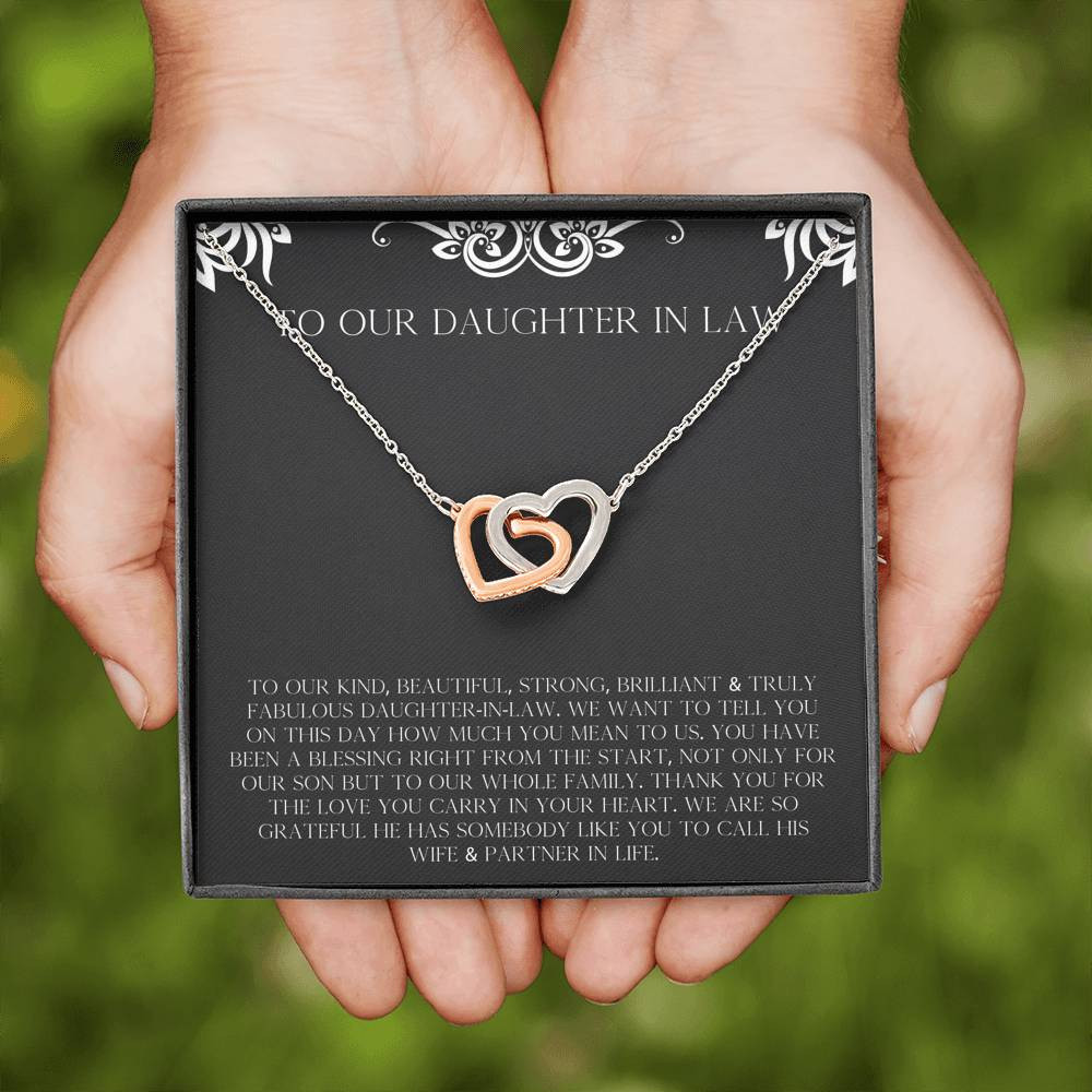 To My Daughter in Law Gifts, Thank You For The Love, Interlocking Heart Necklace For Women, Birthday Present Idea From Mother-in-law