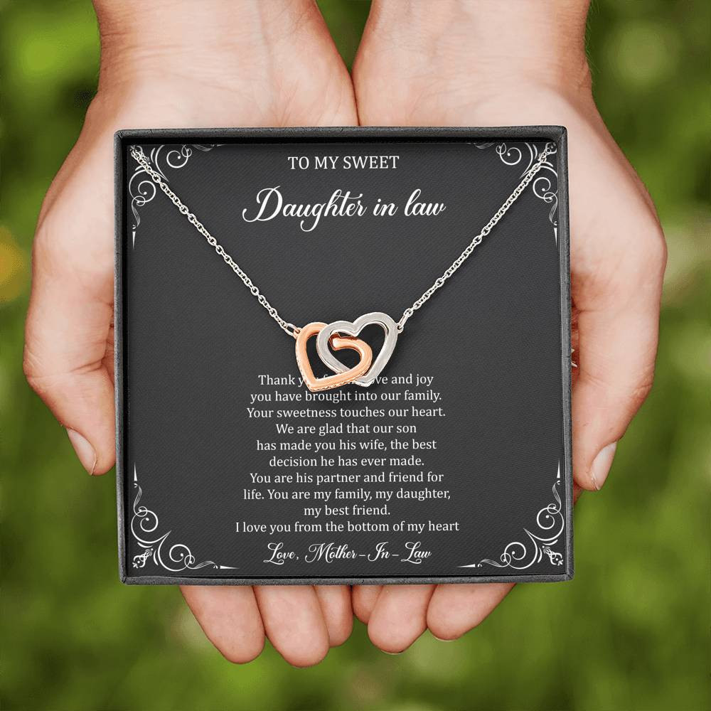 To My Daughter in Law Gifts, Thank You For The Love And Joy, Interlocking Heart Necklace For Women, Birthday Present Idea From Mother-in-law
