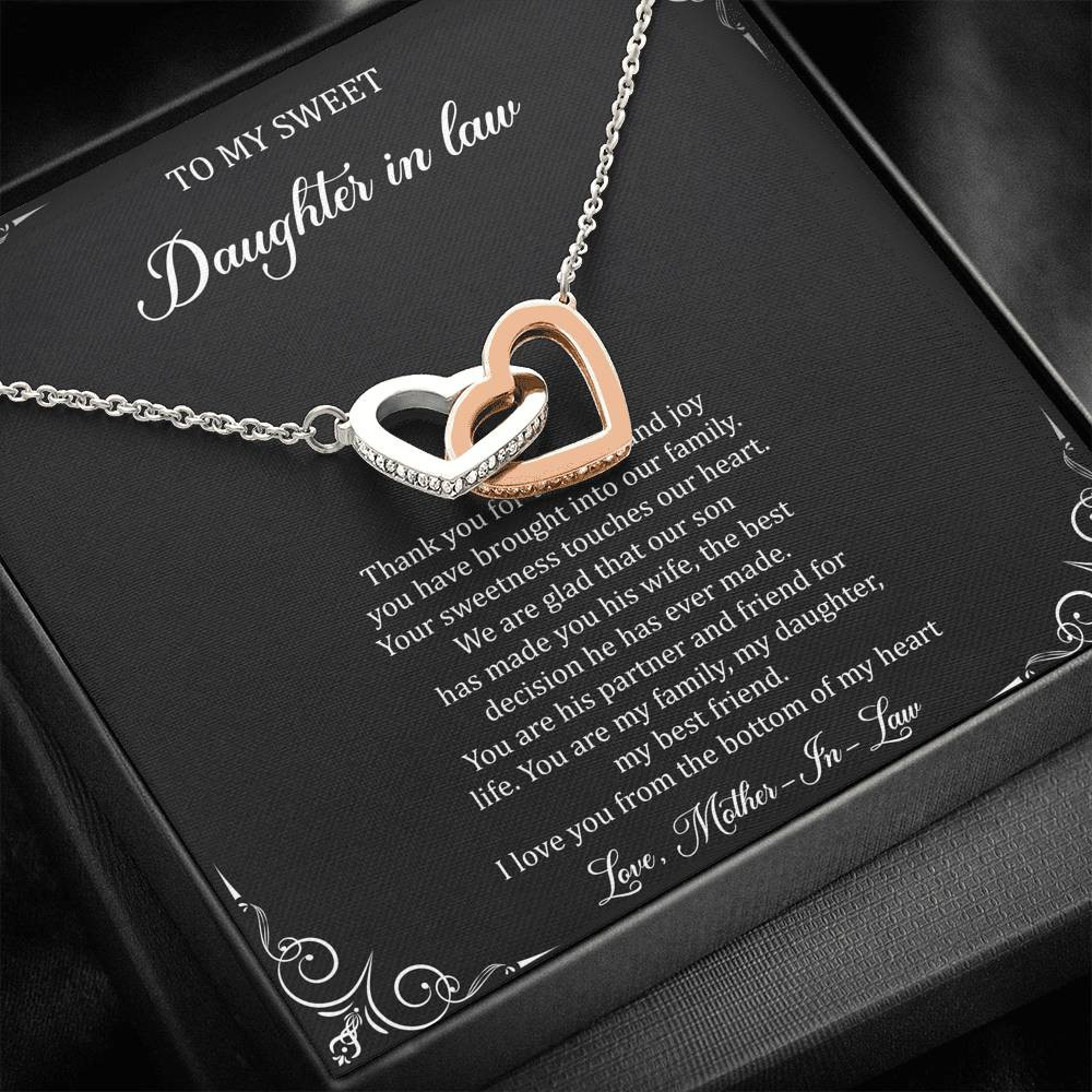 To My Daughter in Law Gifts, Thank You For The Love And Joy, Interlocking Heart Necklace For Women, Birthday Present Idea From Mother-in-law