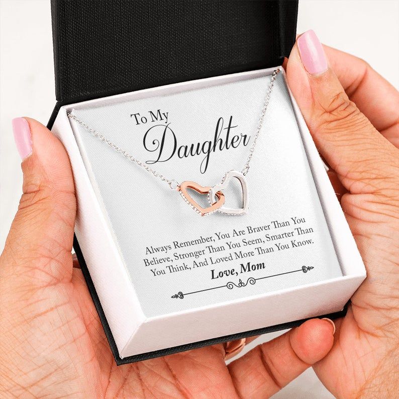To My Daughter Love Mom Interlocking Heart Necklace Daughter Gift, Heart Necklace Braver Than You Think