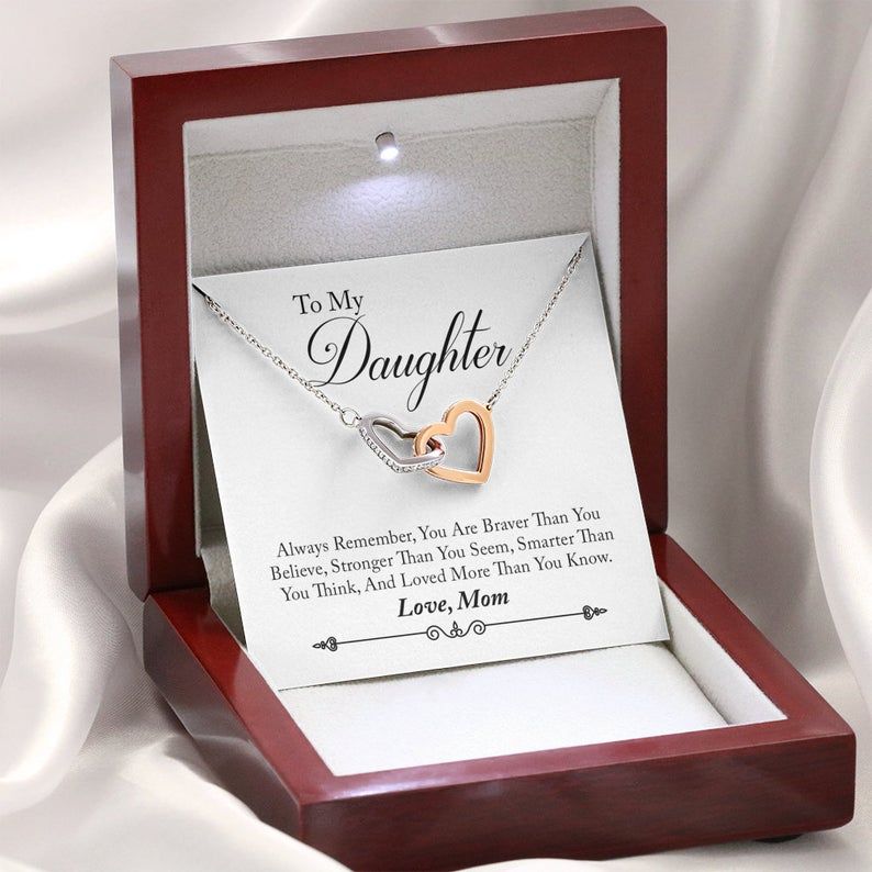 To My Daughter Love Mom Interlocking Heart Necklace Daughter Gift, Heart Necklace Braver Than You Think