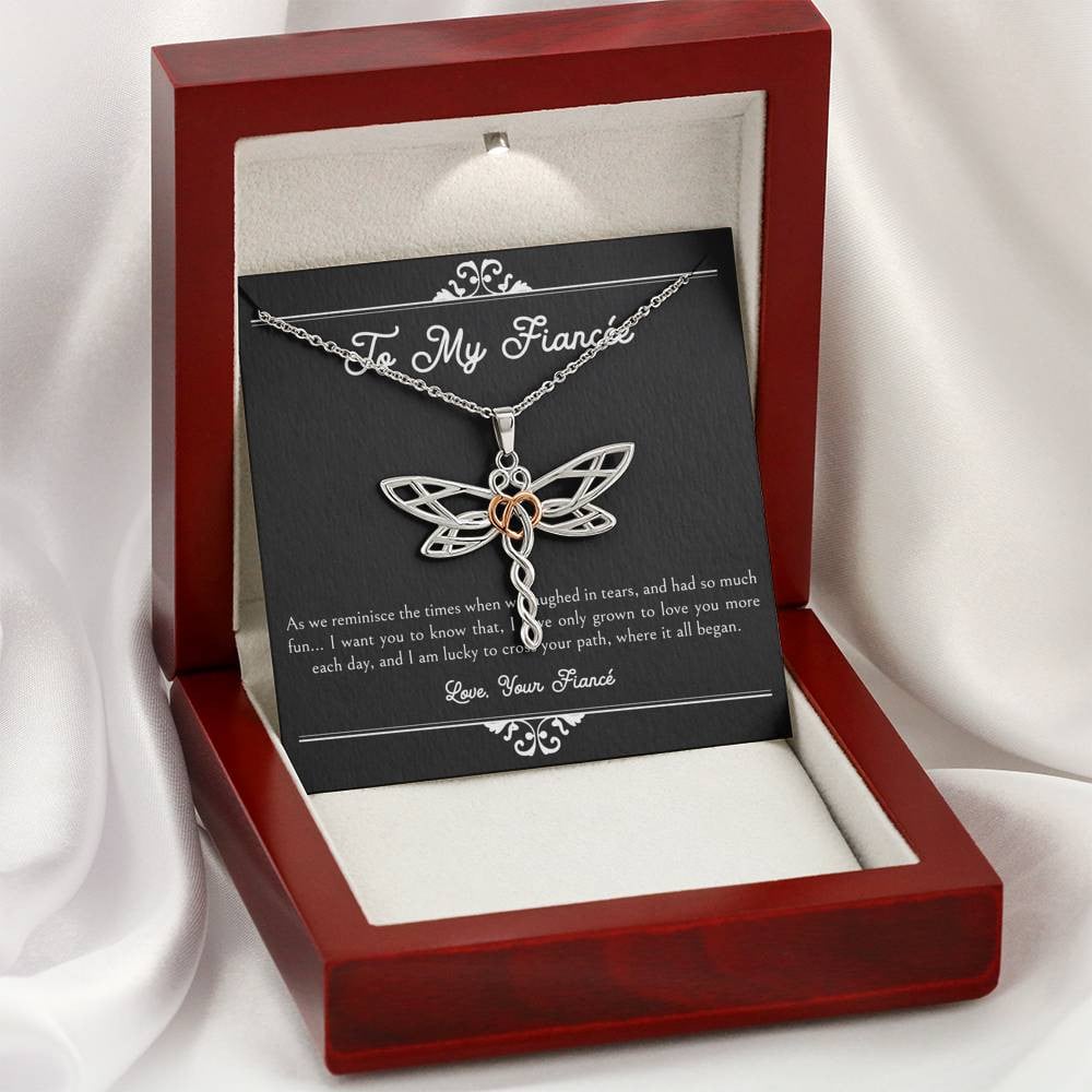 To My Fiance, I Am Lucky To Cross Your Path, Dragonfly Necklace For Women, Anniversary Birthday Valentines Day Gifts From Fiance