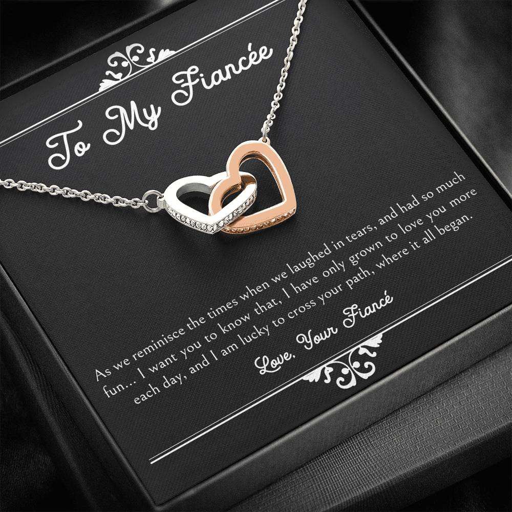 To My Fiance, I Am Lucky To Cross Your Path, Interlocking Heart Necklace For Women, Anniversary Birthday Valentines Day Gifts From Fiance