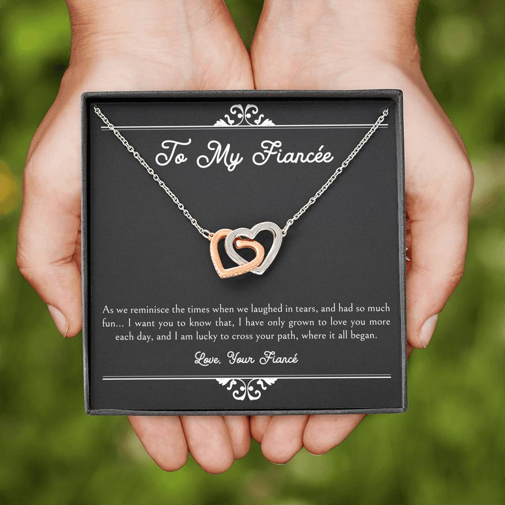 To My Fiance, I Am Lucky To Cross Your Path, Interlocking Heart Necklace For Women, Anniversary Birthday Valentines Day Gifts From Fiance