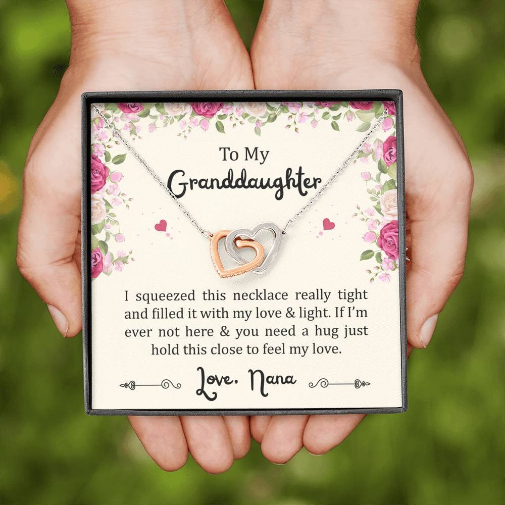 To My Granddaughter Gifts, Filled With My Love and Light, Interlocking Heart Necklace For Women, Birthday Present Idea From Nana