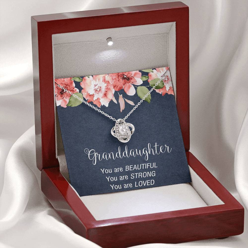 To My Granddaughter Gifts, You are Beautiful, You are Strong, You are Loved Love Knot Necklace For Women, Present From Grandpa Grandma