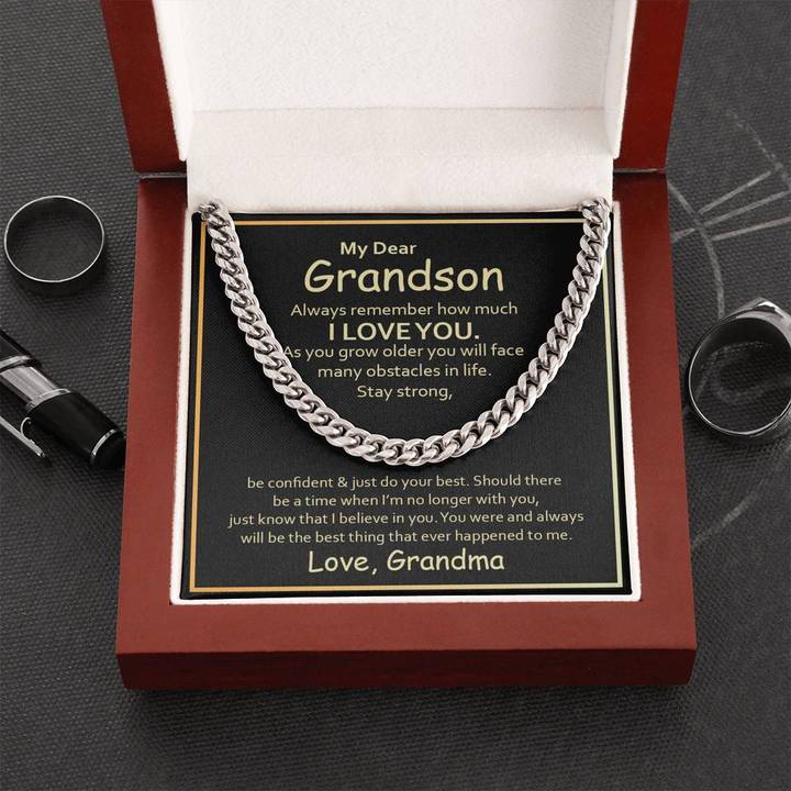 To My Grandson Necklace – Be Confident & Just Do Your Best Love, Grandma Cuban Link Chain Necklace