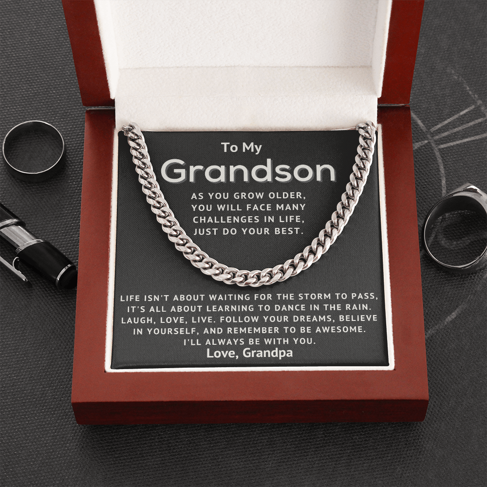 To My Grandson Necklace – Dance In The Rain – Cuban Link Chain Necklace, Gift for Birthday, Necklace for Grandson from Grandpa
