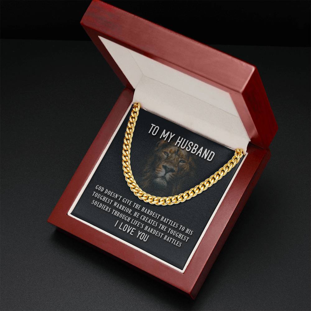 To My Husband Necklace – His Toughest Warrior, Perfect Gift for Idea, Birthday Gift, Anniversary, Father’s Day Gift, Cuban Link Chain Necklace