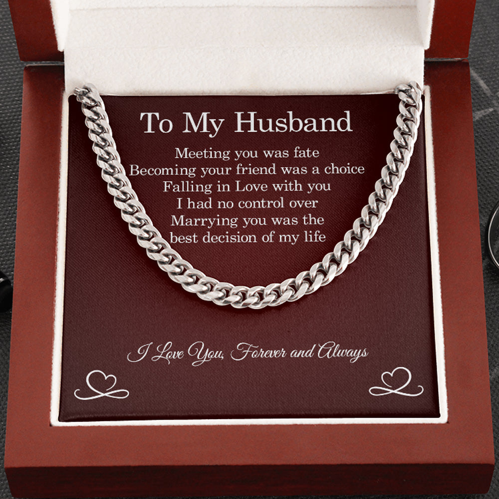 To My Husband Necklace – Meeting You Was Fate, Perfect Gift for Idea, Birthday Gift, Anniversary, Father’s Day Gift, Cuban Link Chain Necklace
