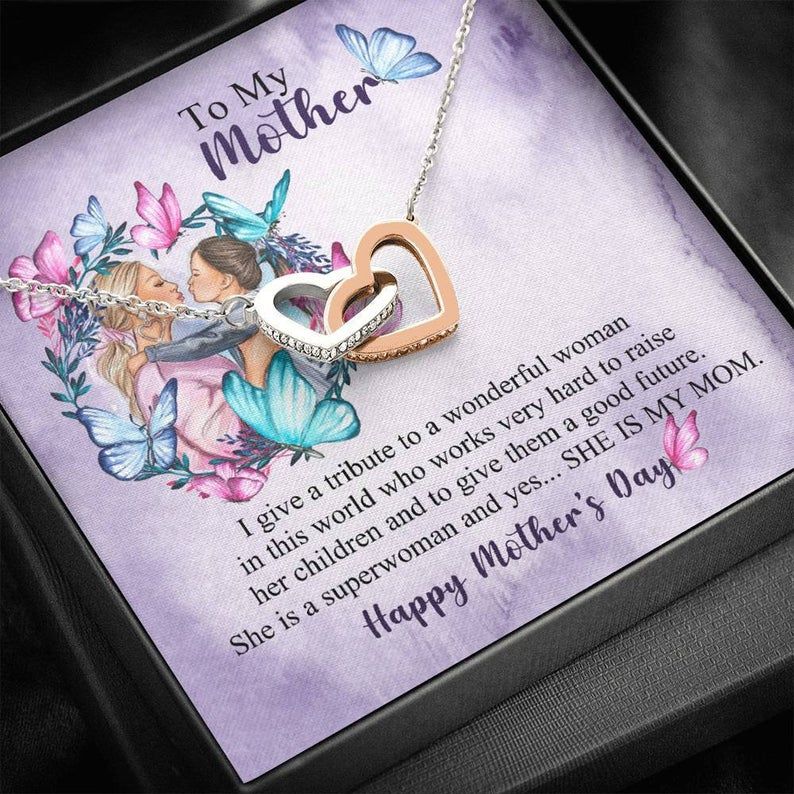 To My Mom – She Is My Mom – Interlocking Hearts Necklace Mother’s Day Gift, Mom Necklace Birthday Gift For Mom, Jewelry Gift From Children