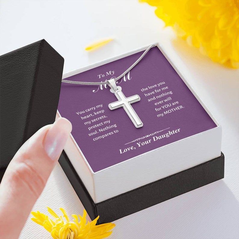 To My Mom – You Carry My Heart – Artisan Cross Necklace Mom Gift From Daughter, Mother Necklace Mother Jewelry Gift, Mom Birthday Necklace