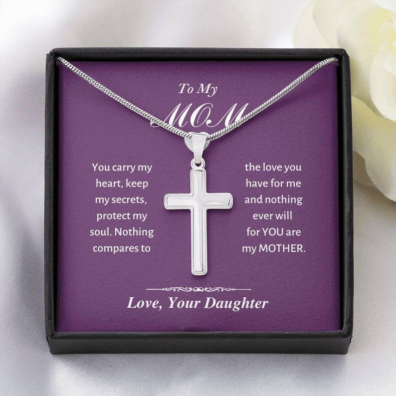To My Mom – You Carry My Heart – Artisan Cross Necklace Mom Gift From Daughter, Mother Necklace Mother Jewelry Gift, Mom Birthday Necklace