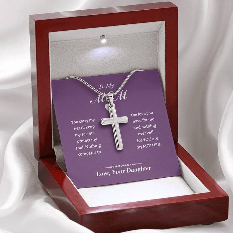 To My Mom – You Carry My Heart – Artisan Cross Necklace Mom Gift From Daughter, Mother Necklace Mother Jewelry Gift, Mom Birthday Necklace