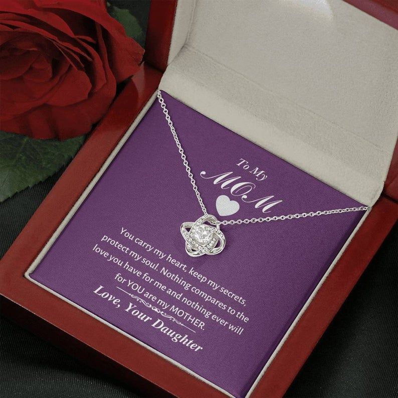 To My Mom – You Carry My Heart – Love Knot Necklace Mom Gift From Daughter, Mother Necklace Gifts From Daughter, Birthday Gift For Mom