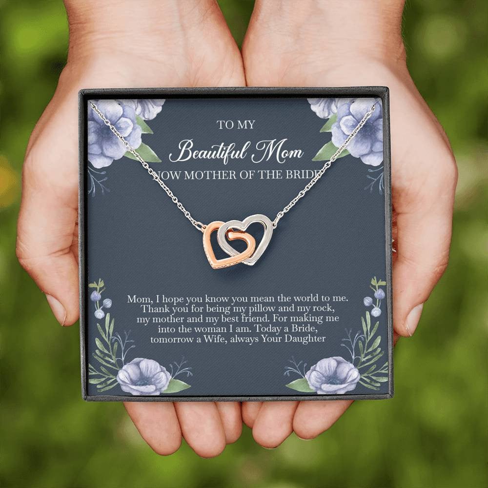 To My Mom of the Bride Gifts, You Mean The World To Me, Interlocking Heart Necklace For Women, Wedding Day Thank You Ideas From Bride
