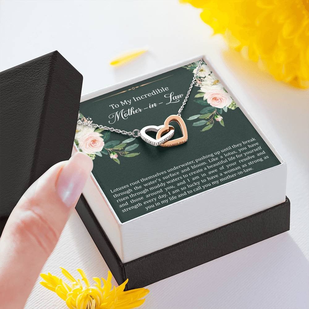 To My Mother-in-Law Gifts, Like A Lotus , Interlocking Heart Necklace For Women, Birthday Mothers Day Present From Daughter-in-law
