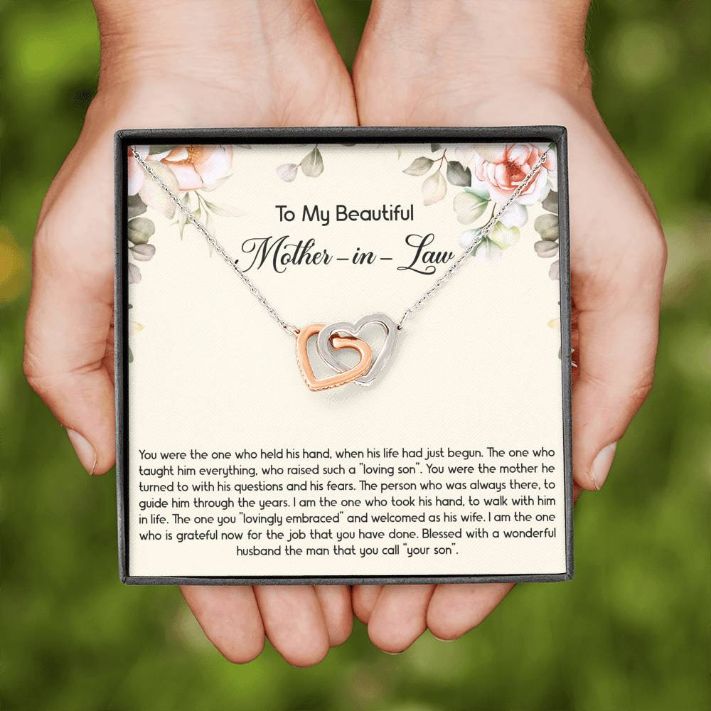 To My Mother-in-Law Gifts, The One Who Held His Hand, Interlocking Heart Necklace For Women, Birthday Mothers Day Present From Daughter-in-law