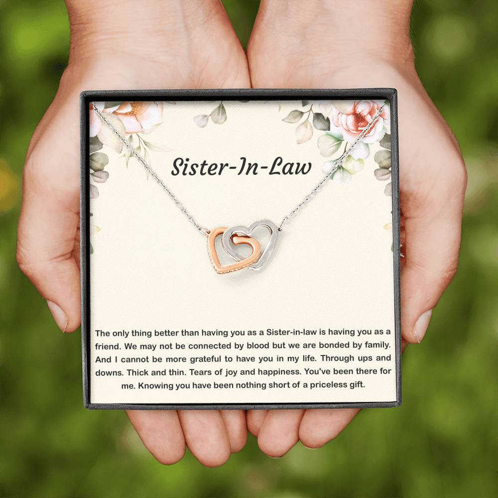 To My Sister-in-law Gifts, Bonded By Family, Interlocking Heart Necklace For Women, Birthday Present Idea From Sister