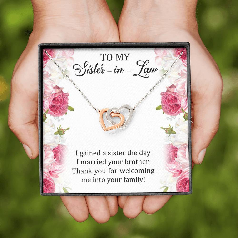To My Sister-in-law Gifts, I Gained A Sister, Interlocking Heart Necklace For Women, Birthday Present Idea From Sister