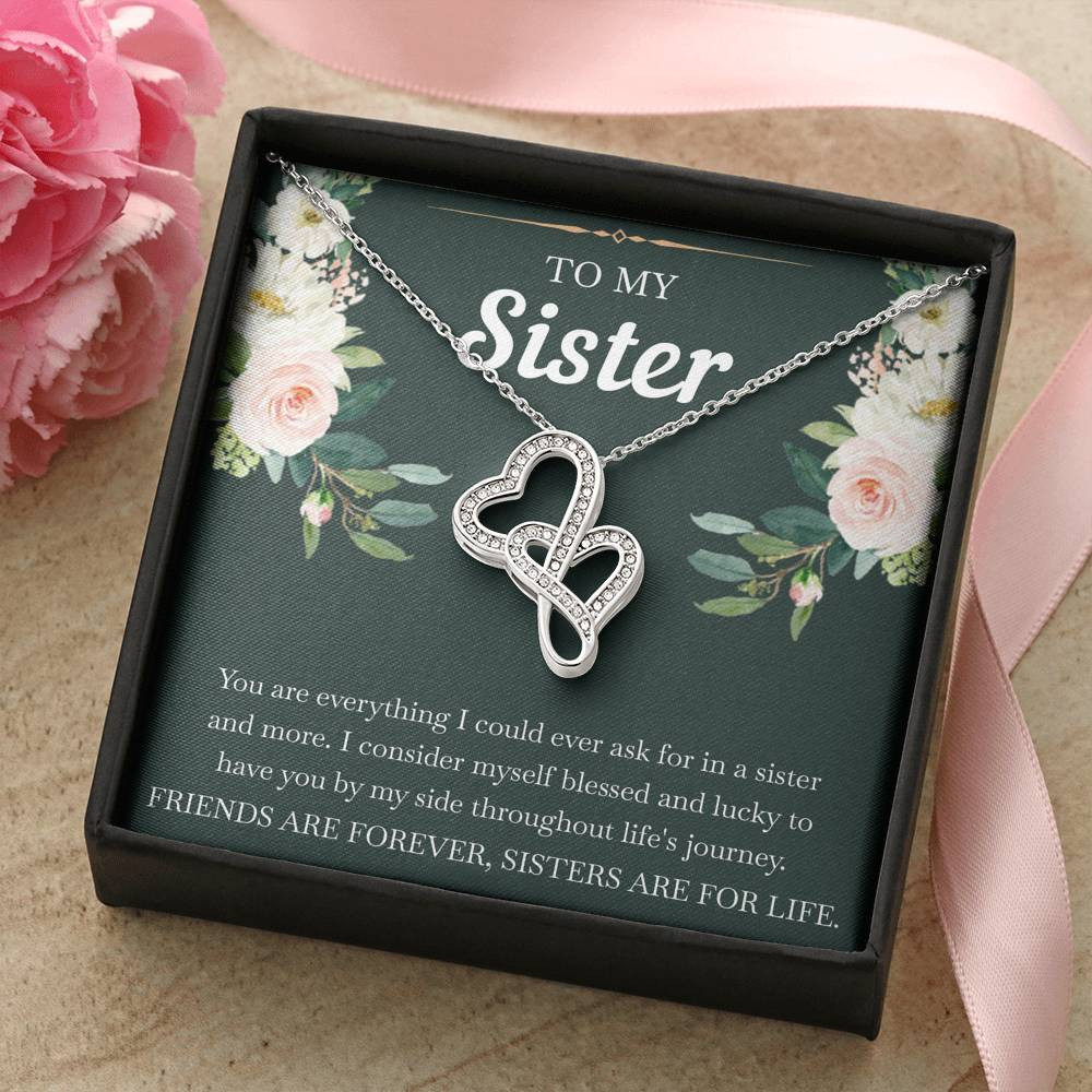 To My Sister Gifts, Friends Are Forever Sisters Are For Life, Double Heart Necklace For Women, Birthday Present Idea From Sister