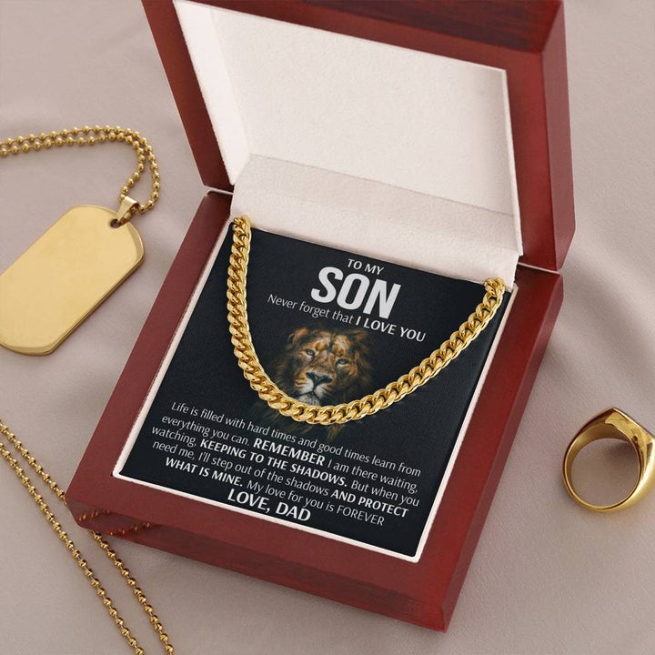 To My Son Cuban Necklace Gift from Dad – Remember I am there waiting, watching, Keeping to there shadows Cuban Link Chain Necklace