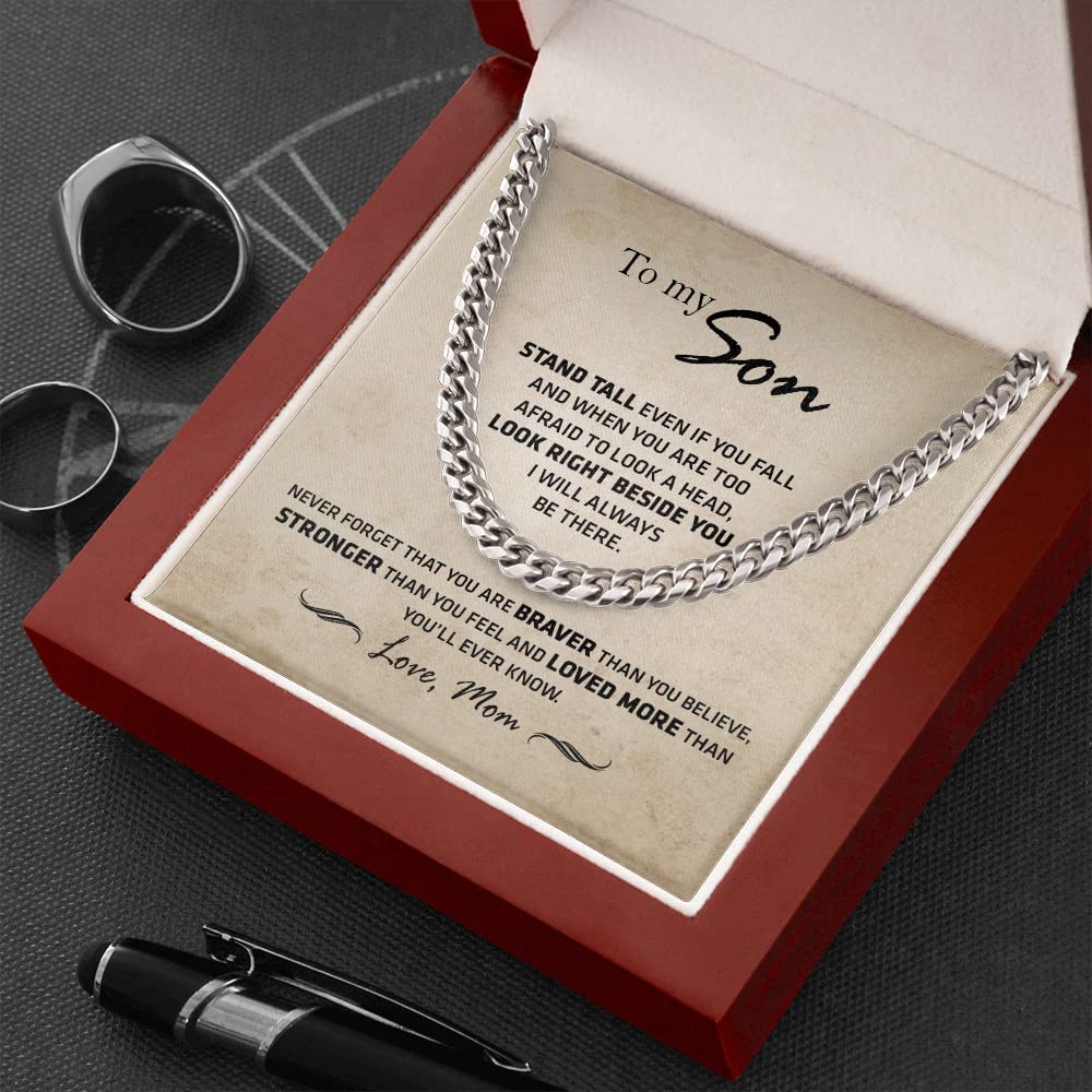 To My Son from Mom Necklace Stand tall even if you fall – Son Jewelry, Cuban Chain Necklace for Son, Mother to Son Gifts