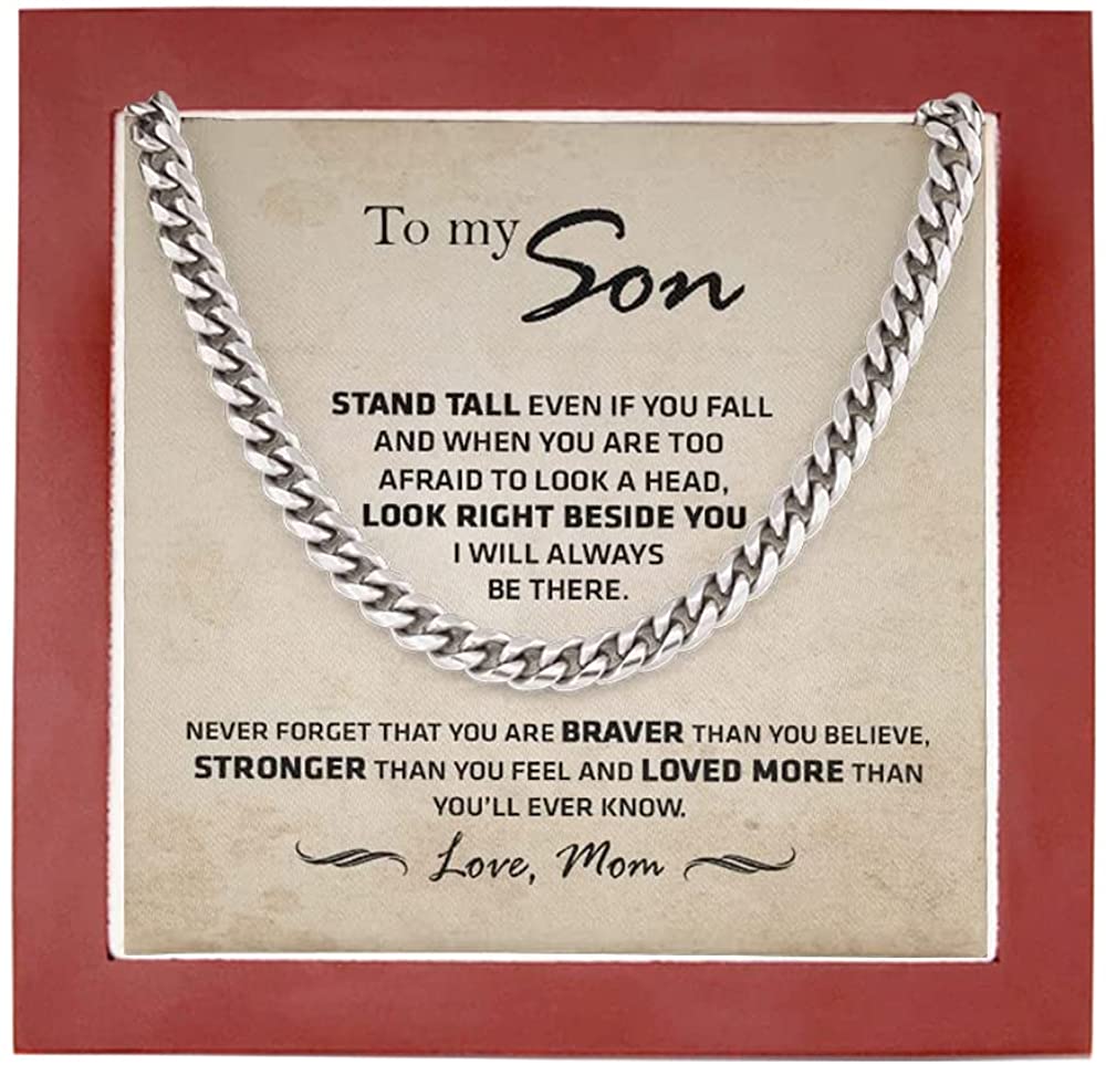 To My Son from Mom Necklace Stand tall even if you fall – Son Jewelry, Cuban Chain Necklace for Son, Mother to Son Gifts