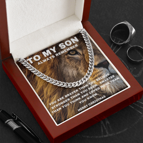 To My Son Lion Necklace – Always remember You are Braver Than You Believe Merry Christmas Cuban Link Chain Necklace