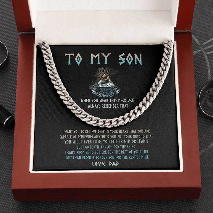 To My Son Necklace Gift – Viking Style You Will Never Lose, You Either Win Or Learn Just Go Forth and Aim For The Skies Cuban Link Chain Necklace