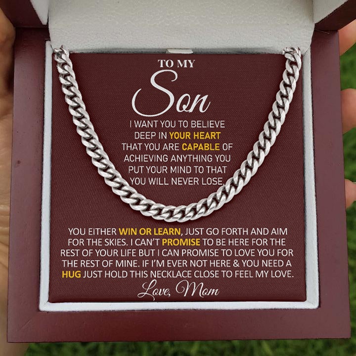 To My Son Necklace Gift From Mom You either Win or Learn, Just go forth and aim for the skies – Love, Mom Cuban Link Chain Necklace