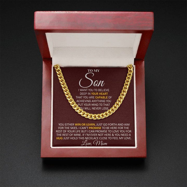 To My Son Necklace Gift From Mom You either Win or Learn, Just go forth and aim for the skies – Love, Mom Cuban Link Chain Necklace