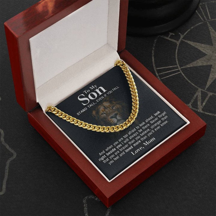 To My Son Necklace Gift Lion Necklace Gift Stand Tall, Even If You Fall Cuban Link Chain Necklace