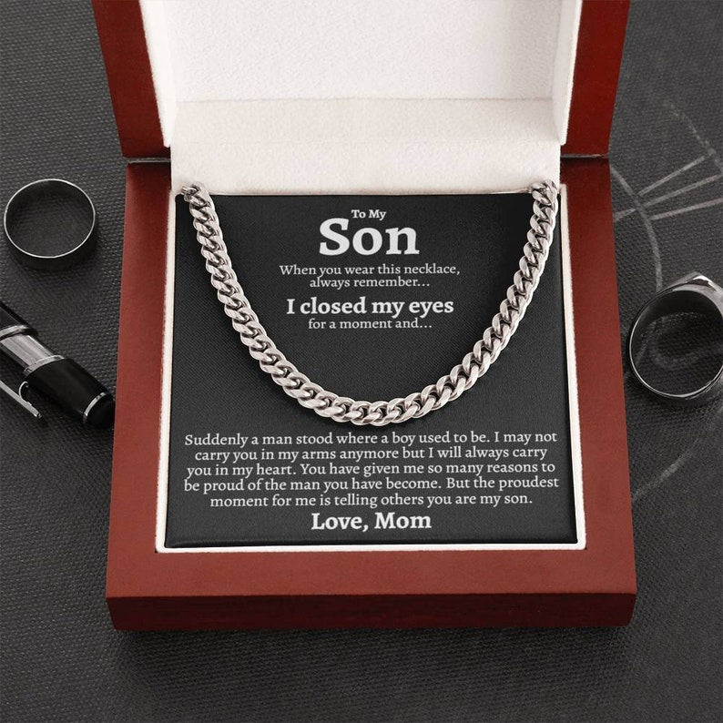 To My Son Necklace I will always carry you in my heart Love, Mom Cuban Link Chain Necklace