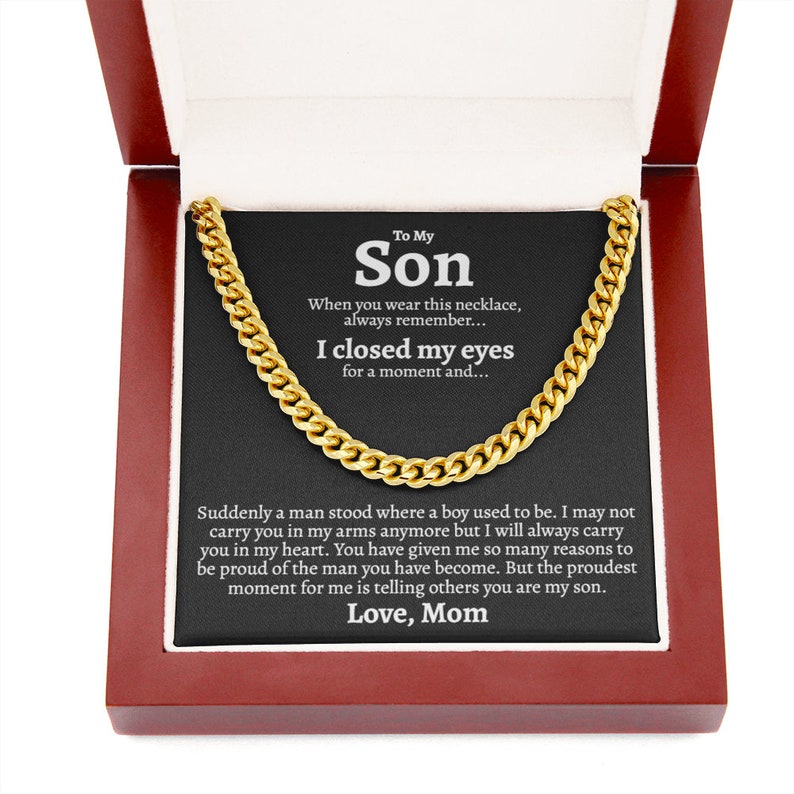 To My Son Necklace I will always carry you in my heart Love, Mom Cuban Link Chain Necklace