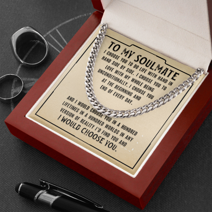 To My Soulmate Necklace – I Choose You To Do Life With Hand In Hand Side by Side Cuban Link Chain Necklace