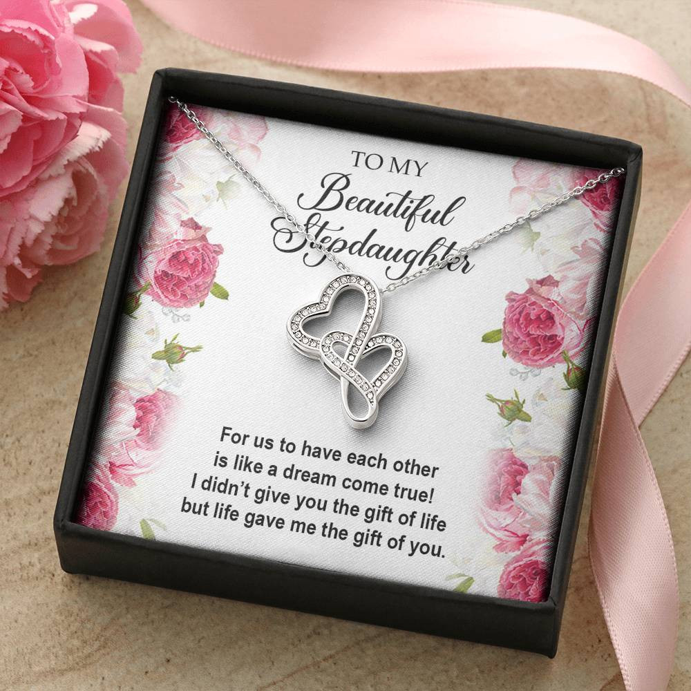To My Stepdaughter Gifts, For Us To Have Each Other, Double Heart Necklace For Women, Birthday Present Idea From Stepmom Stepdad
