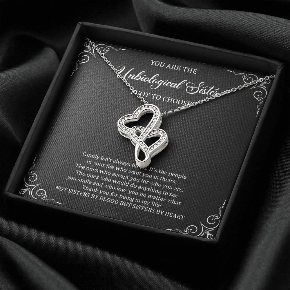 To My Unbiological Sister Gifts, Family Isn’t Always Blood, Double Heart Necklace For Women, Birthday Present Idea From Sister-in-law