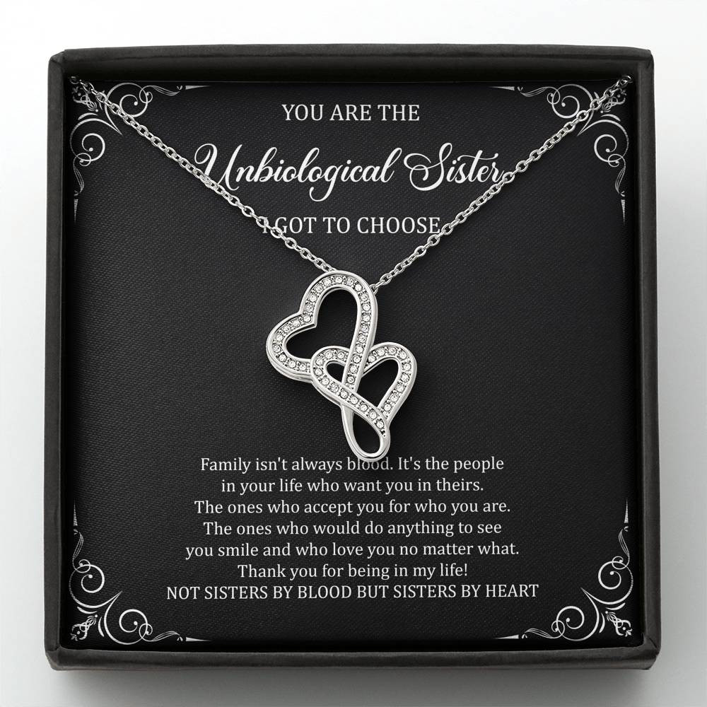 To My Unbiological Sister Gifts, Family Isn’t Always Blood, Double Heart Necklace For Women, Birthday Present Idea From Sister-in-law